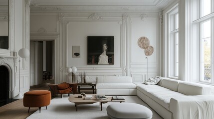 Elegant Minimalist Living Room with White Sofa, Modern Decor, and Large Windows in a Classic Interior