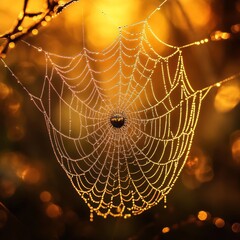 Wall Mural - A spider web covered in morning dew with the sun shining through the strands.