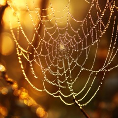 Wall Mural - A spider web glistening with morning dew, illuminated by the rising sun, creating a mesmerizing pattern of light and shadow.