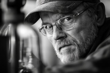 Leinwandbilder - An elderly man wearing a hat and glasses intently handles laboratory glassware, demonstrating the meticulous and detailed nature of scientific work in a research setting.