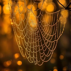 Wall Mural - A spiderweb covered in morning dew with a blurry background of golden light.