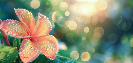 A vibrant orange tropical  frangipani flower glistening with dew in the soft morning light, against a bokeh-filled background