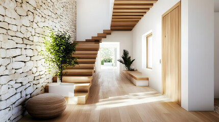 Modern interior design featuring a wooden staircase and natural light.