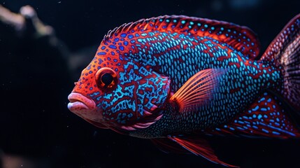 A detailed close-up of an oscar fish in an aquarium, showcasing its intricate patterns and bold colors against a dark backdrop.