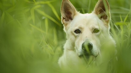  A tight shot of a dog's head amidst tall, emerald grasses with verdant background