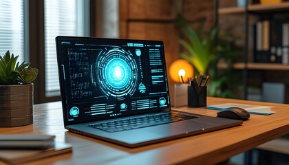 Wall Mural - Futuristic office scene featuring a laptop with holographic interface displays on a modern desk