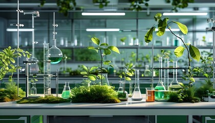 Wall Mural - Sustainable laboratory with green chemistry tools, thriving plants, and abundant natural light, fostering eco-friendly practices and scientific advancement