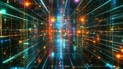 Poster - a vibrant digital tunnel filled with colorful lights and lines, representing data flow or connectivi