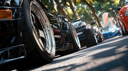 Wall Mural - Black Sports Car Wheel Close Up With Blurred Background