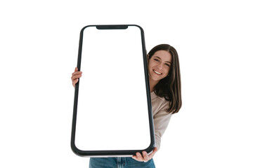 Smiling woman holding oversized smartphone with empty screen isolated on transparent background, smartphone mockup