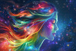 © TESS - Vibrant abstract portrait of a woman with swirling multicolored hair, symbolizing imagination, creativity, and the beauty of the cosmos.