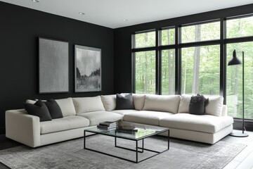 Wall Mural - Modern Living Room Interior Design with a Sectional Sofa and Black and White Decor