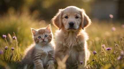 Golden Retriever Puppy and Kitten in a Field of Flowers