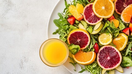 Wall Mural - A vibrant salad featuring mixed greens and citrus fruits, accompanied by a glass of juice.