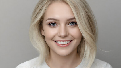 Headshot of a beautiful blond smiling young woman looking at the camera on gray background