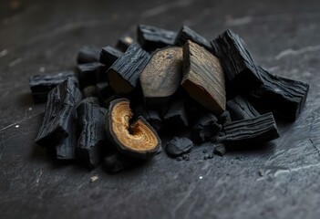 a pile of wood charcoal on a black slate background create with ai