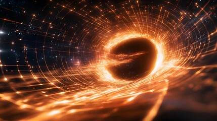 Poster - Holographic visualization depicting the curvature of space time around a black hole used as an educational model or simulation in physics and astrophysics research