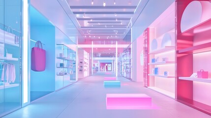 A modern retail space with pink and blue neon lighting.  A minimalist design with white walls and colorful accents.