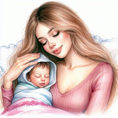 Watercolor mother and baby on white background. AI