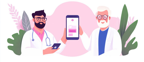 two doctors sharing medical information on a smartphone in a friendly, modern clinic setting with gr