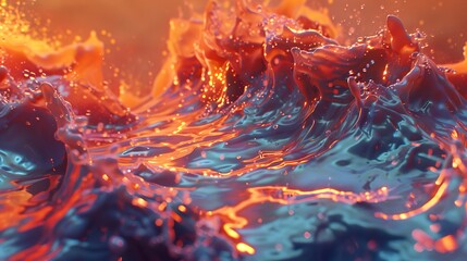 Abstract 3D rendering of liquid metal with a fiery orange glow.