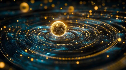  - Hologram visualization depicting the dynamic motion of celestial bodies within a gravitational physics simulation model  The abstract