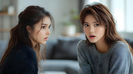 Two young women sitting together in a cozy indoor setting, engaging with each other.