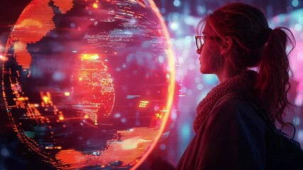Poster - young woman is pondering in front of a digital earth display showing data, statistics and connection