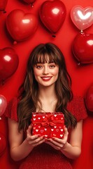 A woman in a red dress holding a Valentine's Day gift box, an advertising poster.