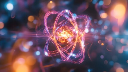 Poster - holographic showcasing the electron cloud model of an atomic structure representing the quantum mech