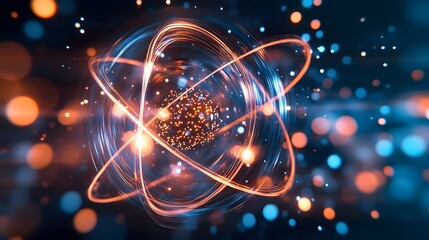 Poster - Holographic Visualization of the Quantum Mechanics of Electron Orbitals in an Atom  Digital showcasing the complex and dynamic structure of an atom through a futuristic scientific hologram display