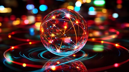 Poster - Holographic Visualization of Quantum Electron Orbital Mechanics in an Atom  A futuristic digital showcasing the complex and dynamic behavior of electrons within an atomic structure