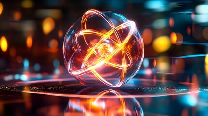 Poster - Holographic of Photon Electron Interactions in an Atomic Structure  A digital rendering showcasing the dynamic interplay between photons and electron transitions within an atom