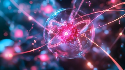 Poster - Stunning holographic depiction showcasing the intricate structures and dynamics of atomic nuclei and subatomic particles offering a captivating scientific visualization of the microscopic world