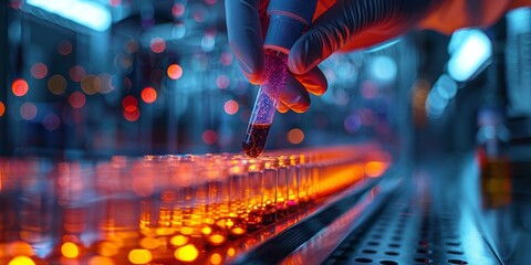 Scientist handling a glowing test tube in a laboratory with rows of samples, highlighting advanced research and biotechnology