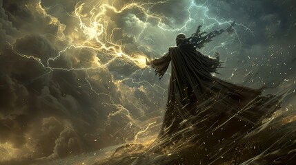 Dark Figure Conjuring Lightning Storm - Fantasy Art