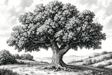 A large, majestic tree stands tall in a field, its branches reaching towards the sky.  The tree is drawn in black and white, creating a sense of peace and tranquility.