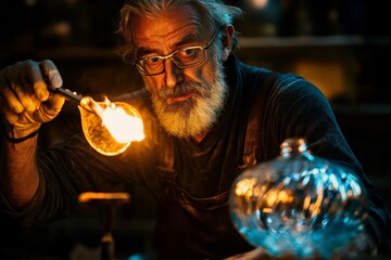 Poster - A craftsman is heating a glass creation, emphasizing the delicate fire combination, the glowing artistry in a dimly lit workshop, showcasing meticulous hand skills and artistry.