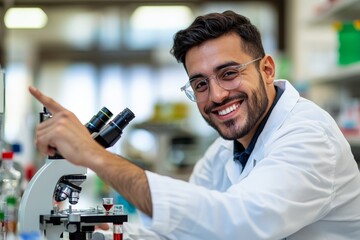 Aufkleber - A joyful scientist wearing a lab coat and glasses points towards something while smiling in a laboratory environment, reflecting enthusiasm and scientific curiosity.