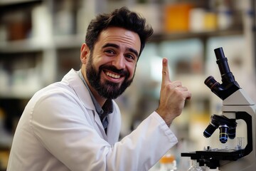 Aufkleber - Smiling researcher in a lab coat pointing towards the camera while sitting by a microscope in a lab, displaying excitement and commitment to scientific research.