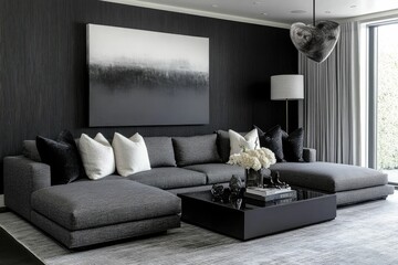 Wall Mural - Modern Living Room Interior Design with Sectional Sofa and Abstract Art