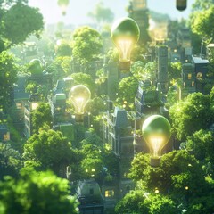 Wall Mural - A whimsical city with glowing lightbulb hot air balloons floating above a lush, green landscape.