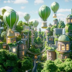 Wall Mural - A whimsical city with green hot air balloons floating above, lush greenery and ornate buildings.