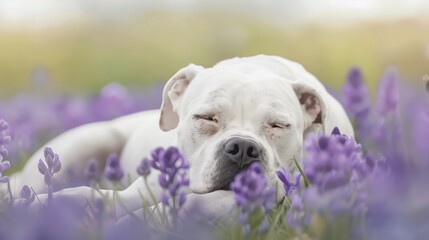  A white dog reclines in a field of purple flowers, eyes closed, head rested on the ground