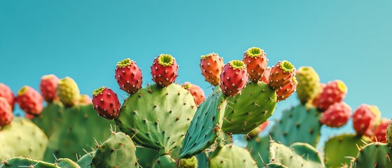 Vibrant prickly pear cactus fruit on a large green cactus plant under a bright blue sky