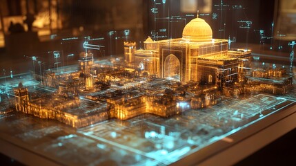 Poster - Digital hologram projection showcasing an immersive visualization of the layout and historical landmarks of an ancient city blending the past and future in a captivating conceptual display