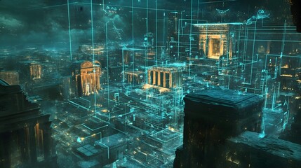 Poster - Holographic projection showcasing the detailed layout and architectural landmarks of an ancient city merging history and futuristic technology
