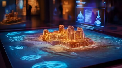Poster - A futuristic holographic display showcasing an ancient architectural structure with interactive elements that highlight its historical significance and invite viewers to explore its mysteries