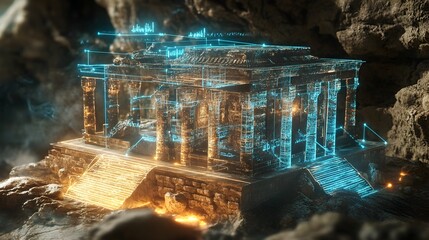 Poster - A captivating holographic projection of an ancient architectural structure featuring interactive elements that highlight its rich history and cultural significance