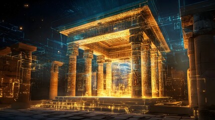 Poster - captivating holographic representation of an ancient architectural wonder highlighting its interacti